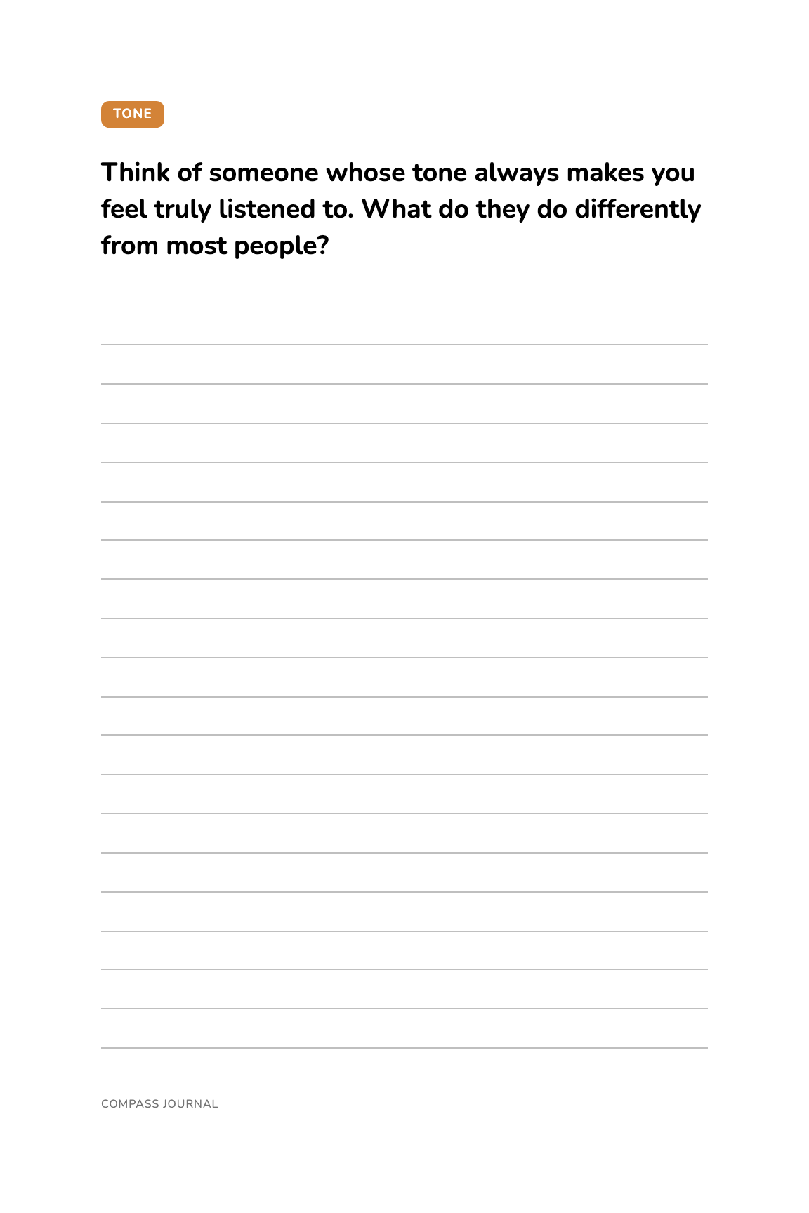 A mock-up of an interior page of the Adults edition journal: one prompt above ruled writing space.
