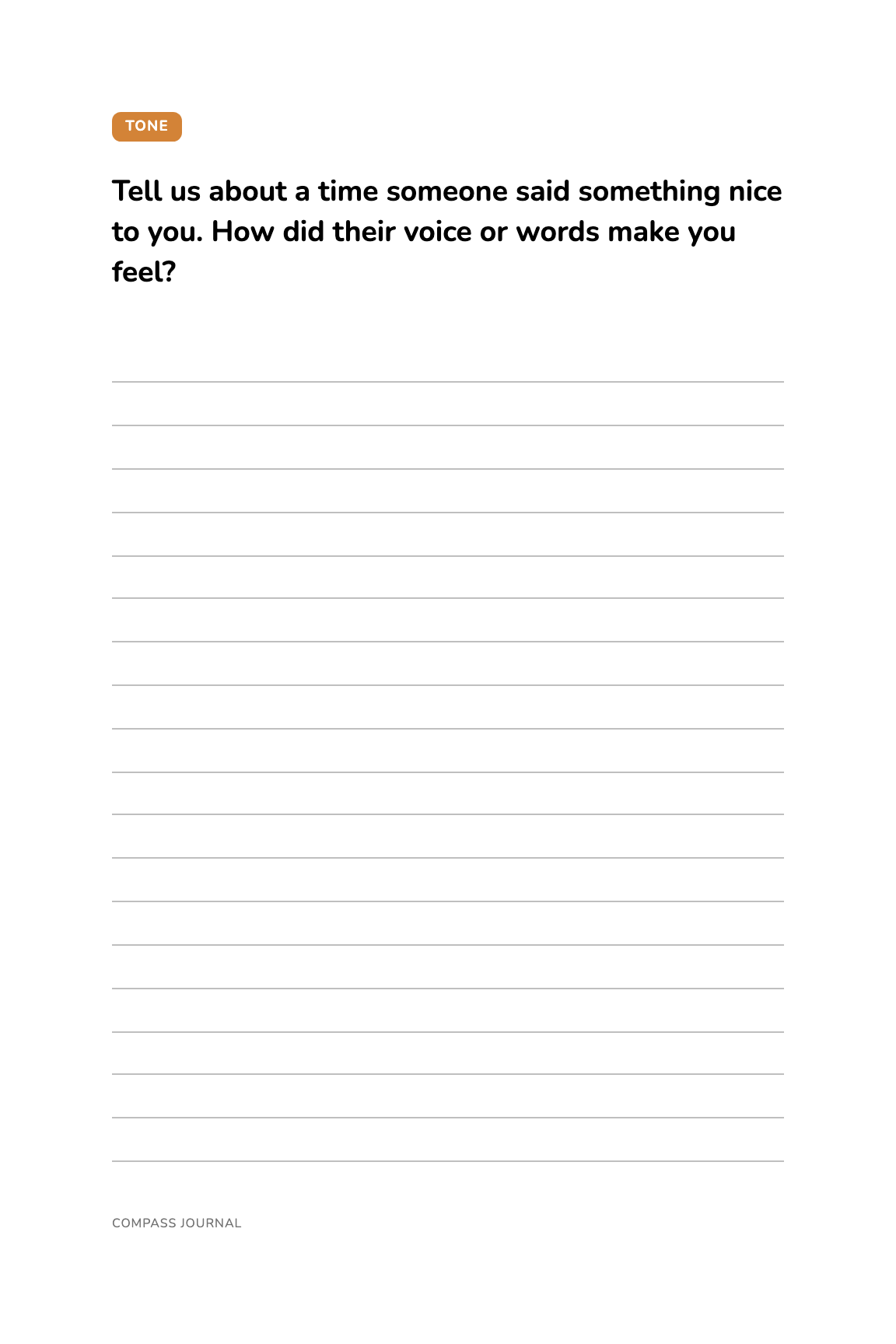 A mock-up of an interior page of the Kids edition journal: one prompt above ruled writing space.